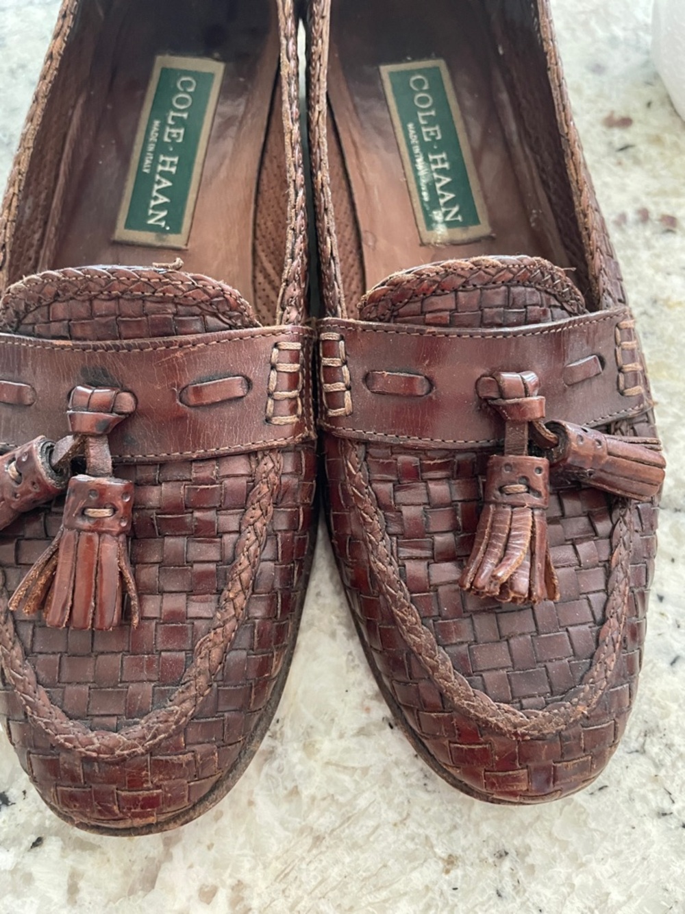 Cole Haan Brown Woven Leather Tassel Loafers